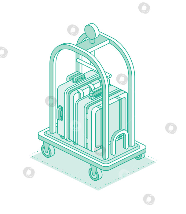 Скачать Изометрическая тележка-каталка с багажом и чемоданами. Оборудование отеля. Объект, выделенный белым цветом. Стойка регистрации отеля и обслуживание номеров. фотосток Ozero