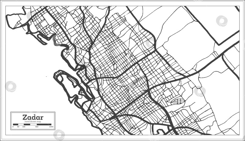 Скачать Карта города Задар, Хорватия, выполненная в черно-белом цвете в ретро-стиле. Схематическая карта. фотосток Ozero