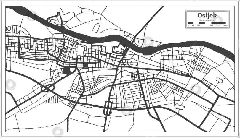 Скачать Карта города Осиек, Хорватия, выполненная в черно-белом цвете в стиле ретро. Схематическая карта. фотосток Ozero