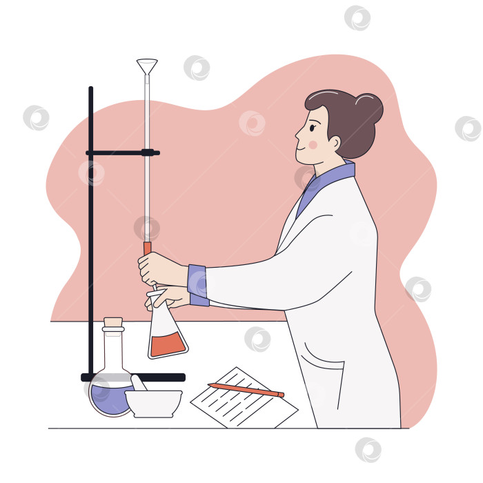 Скачать Женщина в лаборатории проводит исследования, анализы. Концепция химических исследований и разработок. Титрование и химическая реакция. фотосток Ozero