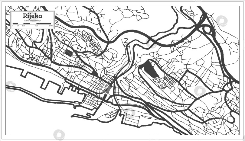 Скачать Карта города Риека, Хорватия, выполненная в черно-белом цвете в стиле ретро. Схематическая карта. фотосток Ozero