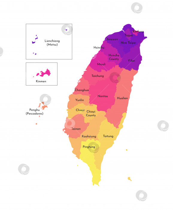 Скачать Векторная изолированная иллюстрация упрощенной административной карты Тайваня, Китайская Республика (ROC). Границы и названия регионов. Разноцветные силуэты фотосток Ozero