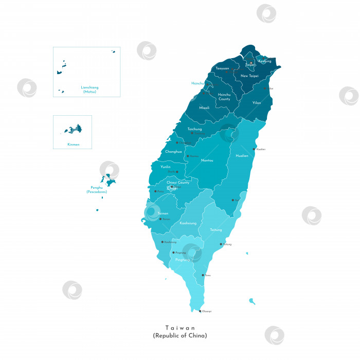 Скачать Векторная изолированная красочная иллюстрация. Упрощенная административно-географическая карта Тайваня (Китайская Республика). Названия тайваньских городов и регионов. Белый фон фотосток Ozero