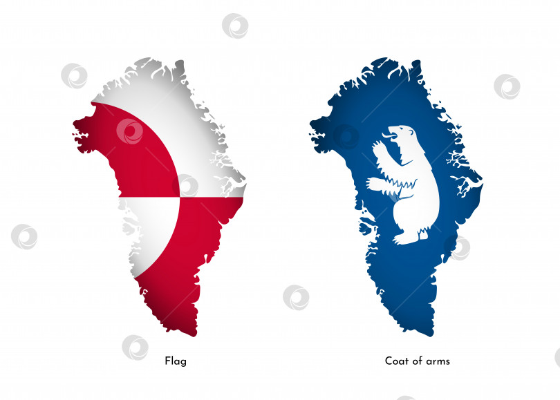 Скачать Векторная иллюстрация с национальным флагом и гербом на карте Гренландии (упрощенная форма). Объемная тень на карте фотосток Ozero