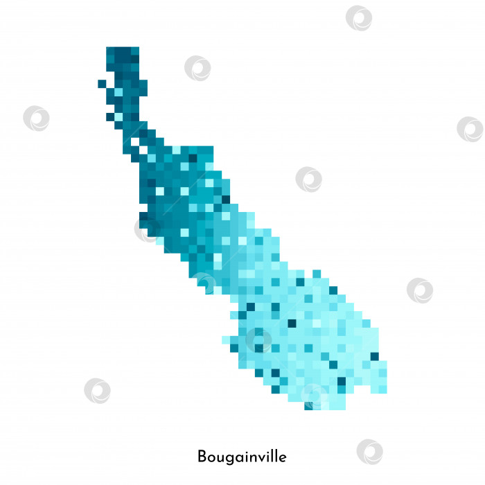 Скачать Векторная изолированная геометрическая иллюстрация с упрощенным льдисто-голубым силуэтом карты Бугенвиля. Стиль пиксельной графики для шаблона NFT. Точечный логотип с градиентной текстурой на белом фоне фотосток Ozero
