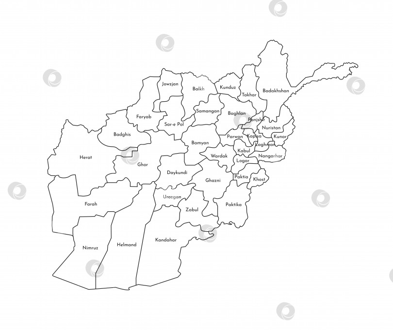 Скачать Векторная изолированная иллюстрация упрощенной административной карты Афганистана. Границы и названия провинций. Черные силуэты линий фотосток Ozero