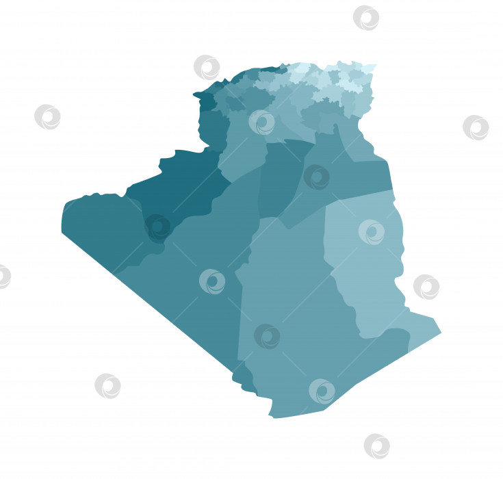 Скачать Векторная изолированная иллюстрация упрощенной административной карты Алжира. Границы провинций (регионов). Красочные силуэты синего цвета цвета хаки фотосток Ozero