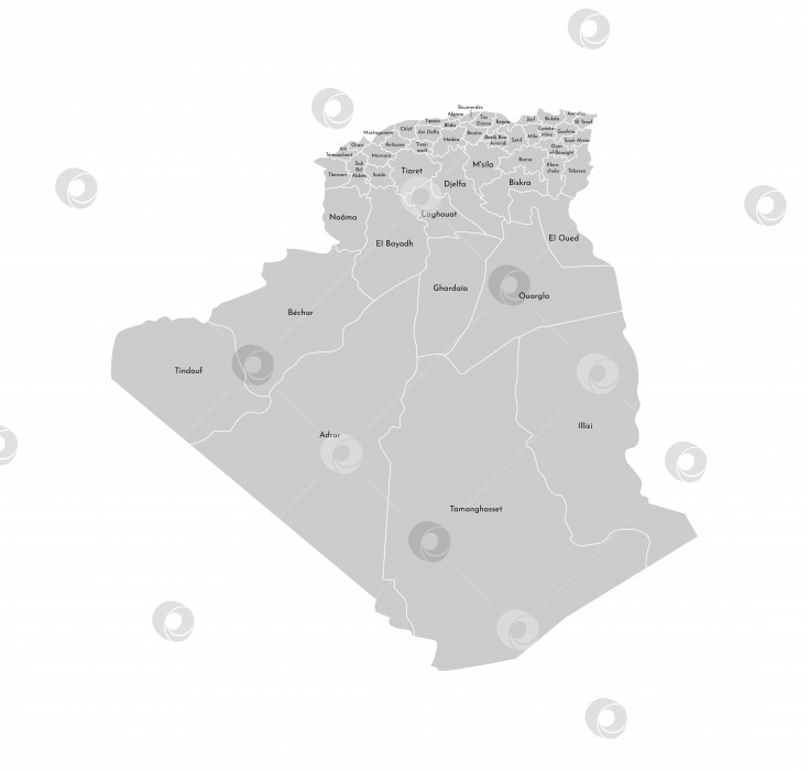 Скачать Векторная изолированная иллюстрация упрощенной административной карты Алжира. Границы и названия провинций (регионов). Серые силуэты. Белый контур фотосток Ozero