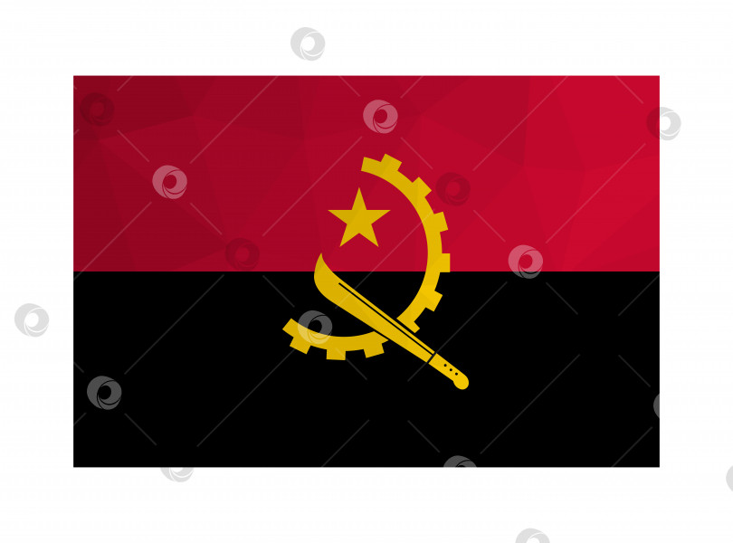 Скачать Векторная изолированная иллюстрация. Национальный флаг Анголы с полосами красного, черного и желтого цветов, половинкой зубчатого колеса, мачете, звездой. Официальный символ Анголы. Креативный дизайн в стиле low poly с треугольными формами. Градиентный эффект. фотосток Ozero