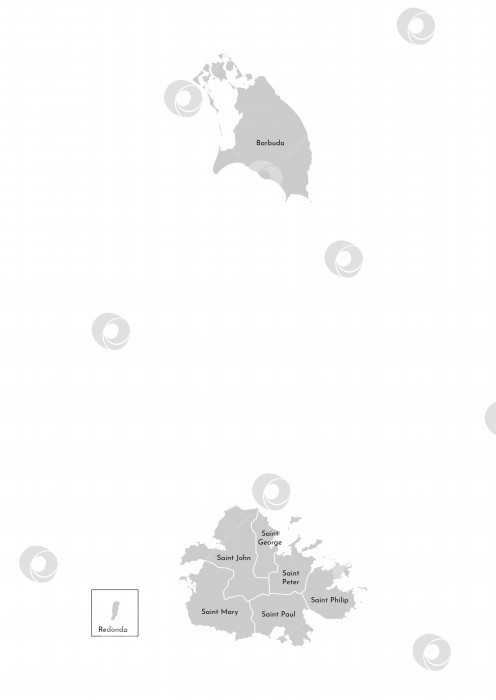 Скачать Векторная изолированная иллюстрация упрощенной административной карты Антигуа и Барбуды. Границы и названия регионов. Серые силуэты. Белый контур фотосток Ozero