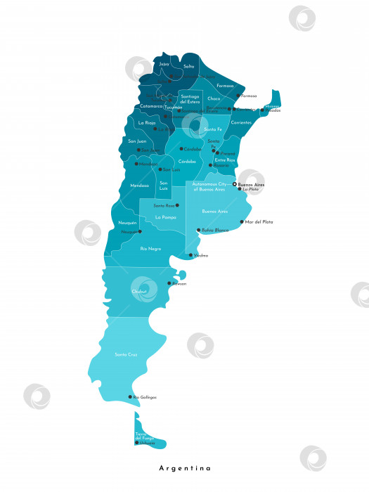 Скачать Векторная изолированная иллюстрация. Упрощенная административная карта Аргентины. Белый фон и контур. Названия аргентинских городов и провинций фотосток Ozero