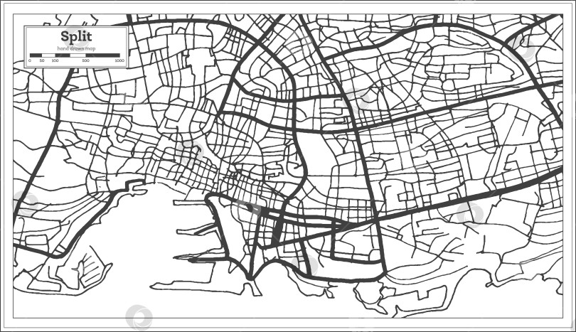 Скачать Карта города Сплит, Хорватия, выполненная в черно-белом цвете в ретро-стиле. Схематическая карта. фотосток Ozero