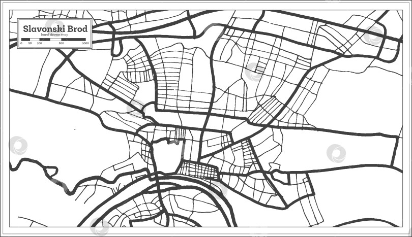 Скачать Карта города Славонски-Брод в Хорватии, выполненная в черно-белом цвете в стиле ретро. Схематическая карта. фотосток Ozero