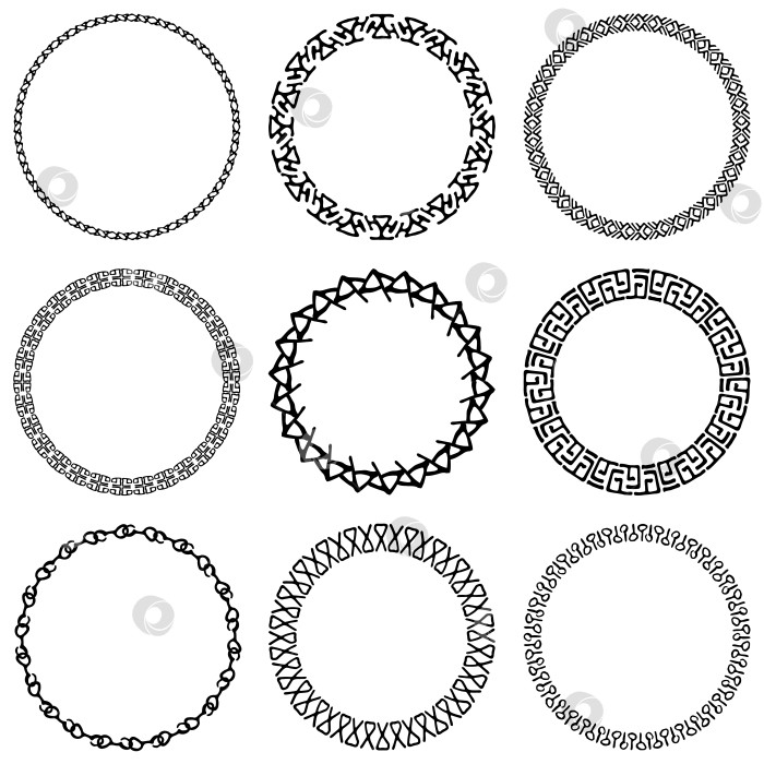 Скачать Набор декоративных племенных ажурных круглых рамок. Геометрическая этническая декоративная круглая рамка на белом фоне. Узор в стиле майя. Векторная иллюстрация фотосток Ozero