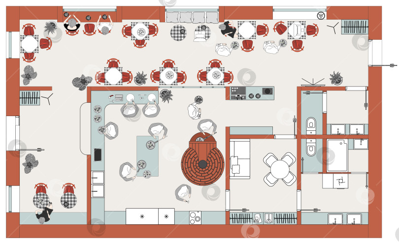 Скачать Дизайн-проект ресторана с открытой кухней шеф-повара. Планировка обеденного зала и кухни в пиццерии. Интерьер кафе - вид сверху с расстановкой мебели. Вектор фотосток Ozero