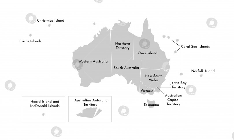 Скачать Векторная изолированная иллюстрация упрощенной административной карты Австралии. Границы и названия провинций (регионов). Серые силуэты. Белый контур фотосток Ozero