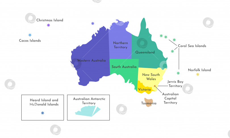 Скачать Векторная изолированная иллюстрация упрощенной административной карты Австралии. Границы и названия регионов. Разноцветные силуэты фотосток Ozero