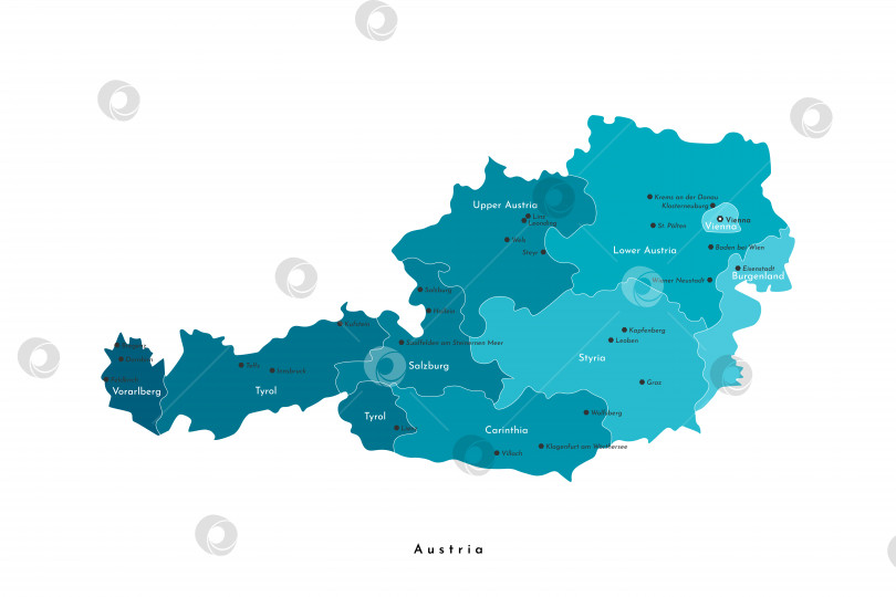 Скачать Векторная изолированная иллюстрация. Упрощенная административная карта Австрии в синих тонах. Белый фон и контуры. Названия австрийских городов и государств. фотосток Ozero