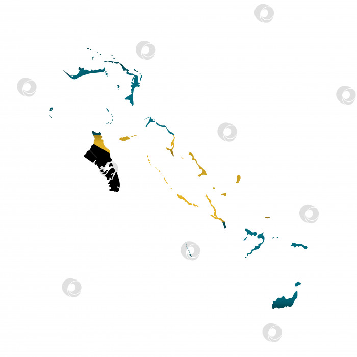 Скачать Векторная изолированная иллюстрация с национальным флагом Багамских островов и формой карты островов (упрощенная). Объемная тень на карте. Белый фон фотосток Ozero