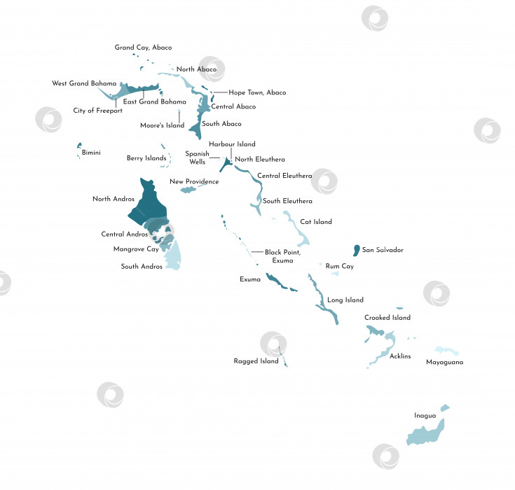 Скачать Векторная изолированная иллюстрация упрощенной административной карты Багамских островов. Границы и названия регионов. Красочные силуэты синего цвета цвета хаки фотосток Ozero