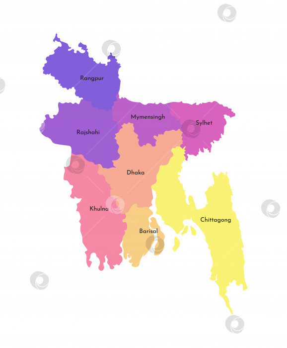 Скачать Векторная изолированная иллюстрация упрощенной административной карты Бангладеш. Границы и названия регионов. Разноцветные силуэты фотосток Ozero