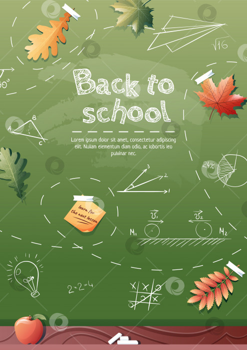 Скачать Плакат "Назад в школу" со школьными предметами и элементами декора. Фон с рисунками, нарисованными мелом на школьной доске фотосток Ozero