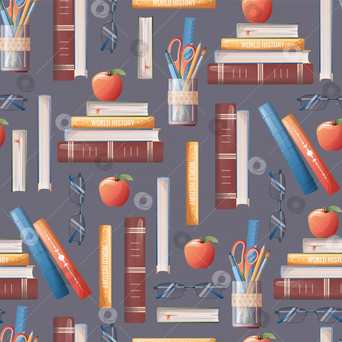 Скачать Бесшовный узор с книгами, канцелярскими принадлежностями, яблоком. Школьная текстура. Отлично подходит для ткани, бумаги, обоев, скрапбукинга фотосток Ozero