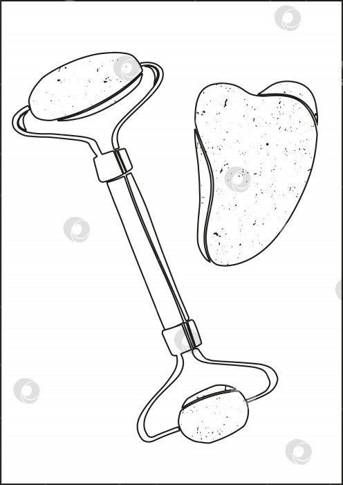 Скачать Векторная иллюстрация массажного ролика и скребка для гуаши для массажа лица. Красивая иллюстрация в линейном стиле. фотосток Ozero