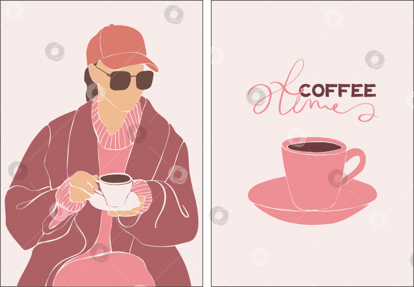 Скачать Молодая девушка держит в руках чашку кофе. Девушка в кепке и пальто в уличном кафе. Модный кофе, отличный дизайн для любых целей. Векторный рисунок. Натуральный ароматный напиток. Векторная концепция. фотосток Ozero