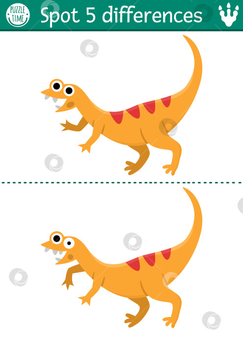 Скачать Игра "Найди отличия" для детей. Развивающее занятие с динозавром Компсогнатусом. Пазл для детей с маленьким древним животным. Рабочий лист для печати, страница для развития логики и внимания фотосток Ozero