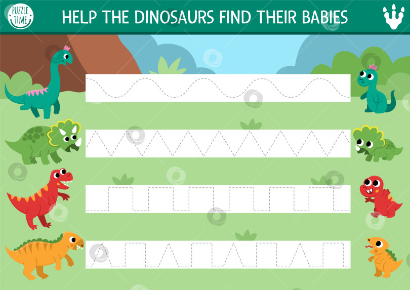 Скачать Векторный рабочий лист для отработки рукописного ввода динозавров. Доисторическое занятие по рисованию для дошкольников с древними животными и их детенышами. Развивающая игра для развития навыков письма фотосток Ozero