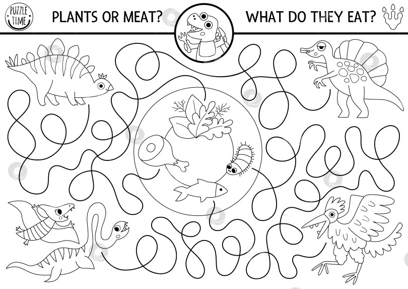 Скачать Черно-белый лабиринт с динозаврами для детей с милыми животными. Игра-раскраска "Доисторическая линия" с изображением стегозавра, птерозавра и еды, которую они едят. Игра-лабиринт "Земля динозавров", головоломка, раскраска фотосток Ozero