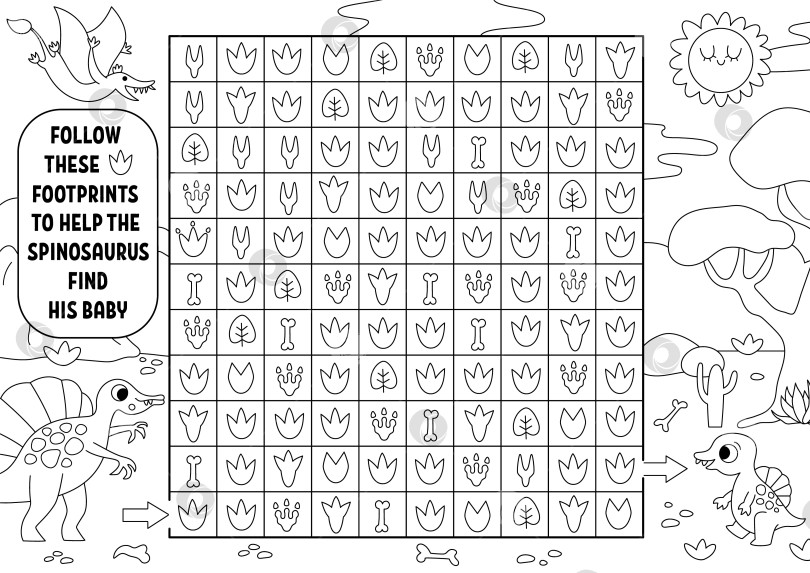 Скачать Черно-белый лабиринт с динозаврами, игра-раскраска "Ищи и находи". Доисторическая линейка для детей. Логическая головоломка с поиском. Следуйте по следам, чтобы помочь спинозавру найти малыша. фотосток Ozero