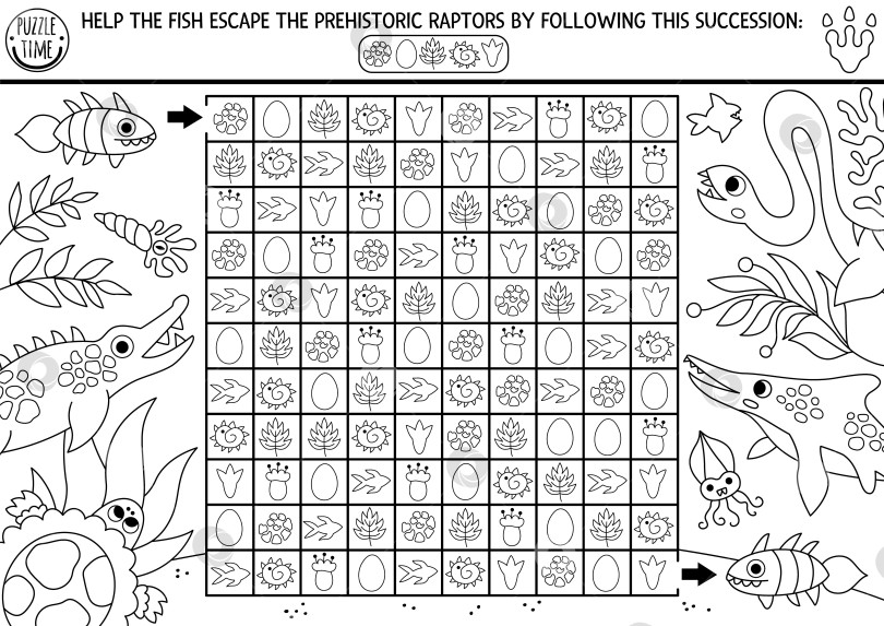 Скачать Черно-белый лабиринт с морскими динозаврами, яйца, листья. Доисторическое занятие для печати, раскраска.  для детей. Логическая головоломка с последовательным поиском элементов. Помогите рыбкам спастись от хищников фотосток Ozero