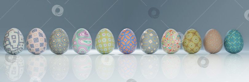 Скачать Разноцветные яйца, праздник Пасхи. Разноцветный принт с узорами, рядом с ним лежит скорлупа яйца с желтком. 3D-рендеринг. Из-за яиц выглядывает заяц фотосток Ozero