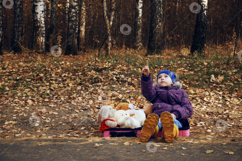 Скачать Маленькая девочка сидит у дороги в чемодане с мягкими игрушками и показывает пальцем наверх. Осень, желтые резиновые сапоги, розовый чемодан, автостоп, прогулка на свежем воздухе фотосток Ozero