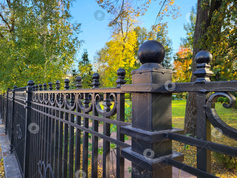 Скачать Кованый черный забор вдоль осеннего городского парка. фотосток Ozero