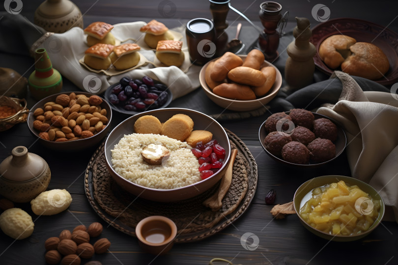 Скачать Традиционное ближневосточное блюдо с рисом, орехами, финиками, выпечкой и посудой на темном фоне фотосток Ozero