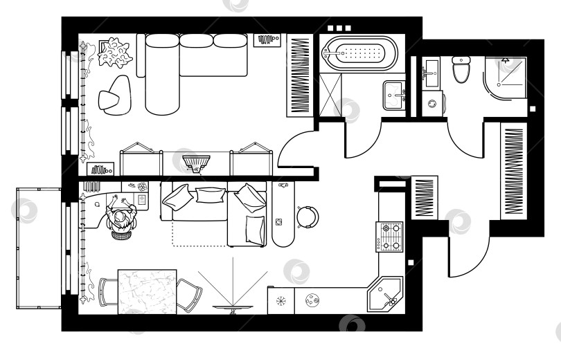 Скачать План этажа, расстановка мебели на виде сверху. Архитектурный набор мебели thin line icons. Подробный проект кухни, гостиной и ванной комнаты на рисунке. Интерьер двухкомнатной квартиры. Вектор фотосток Ozero