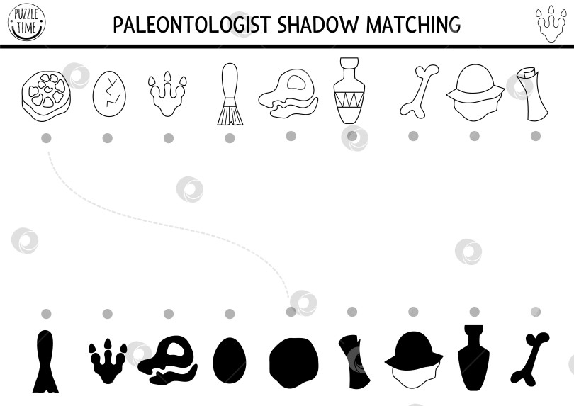 Скачать Упражнение по подбору черно-белой тени динозавра с объектами палеонтологов. Головоломка с доисторическими линиями с помощью инструментов археологов. Найдите правильный силуэт. Лист для печати, игра, раскраска для детей фотосток Ozero