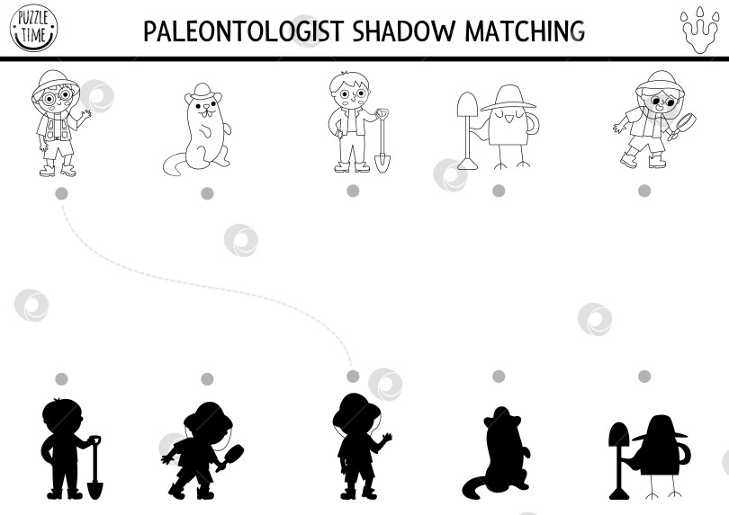 Скачать Совместная работа с палеонтологами по подбору черно-белых теней динозавров. Головоломка "Доисторические линии" с археологами. Найдите правильный силуэт на листе для печати, игра. Раскраска динозавров для детей фотосток Ozero