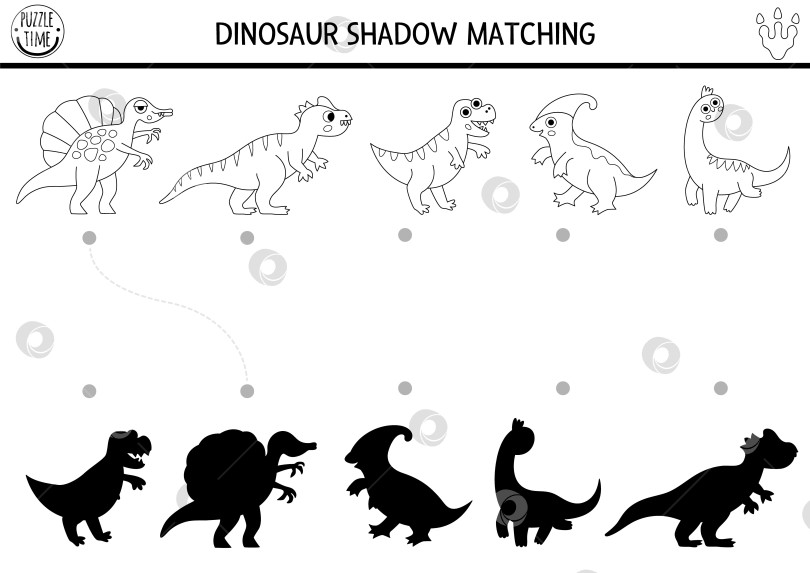 Скачать Упражнение по подбору черно-белых теней динозавров с животными. Доисторический линейный пазл с симпатичным тираннозавром, брахиозавром. Найдите правильный силуэт на листе для печати, игра. Раскраска динозавров для детей фотосток Ozero