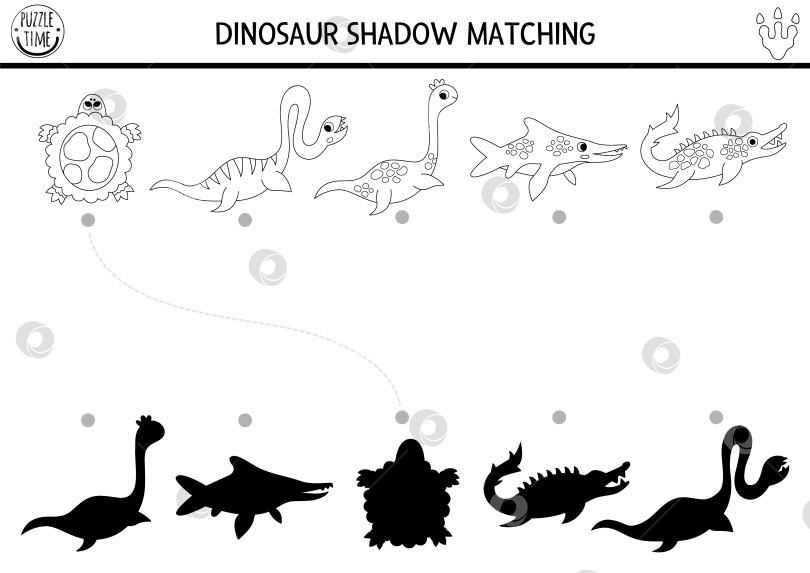 Скачать Упражнение по подбору черно-белых теней динозавров с водными животными. Доисторическая головоломка с изображением плезиозавра. Найдите правильный силуэт на листе для печати, игра. Раскраска динозавров для детей фотосток Ozero