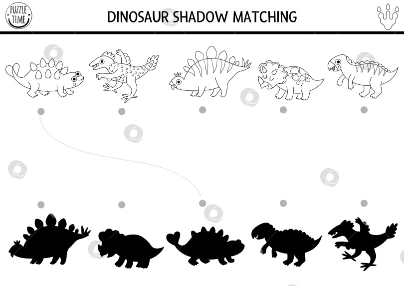 Скачать Задание по подбору черно-белых теней динозавров с животными. Доисторический линейный пазл со стегозавром и трицератопсом. Найдите правильный силуэт на листе для печати, игра. Раскраска динозавров для детей фотосток Ozero