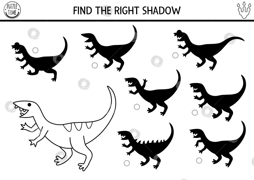 Скачать Упражнение по подбору черно-белой тени динозавра с древним животным. Головоломка с доисторическими линиями с компсогнатусом. Найдите правильный силуэт на листе для печати, игре, раскраске для детей фотосток Ozero
