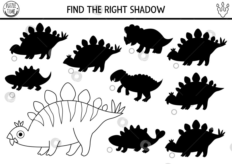 Скачать Упражнение по подбору черно-белой тени динозавра с древним животным. Головоломка "Доисторическая линия" со стегозавром. Найдите правильный силуэт на листе для печати, игре, раскраске для детей фотосток Ozero