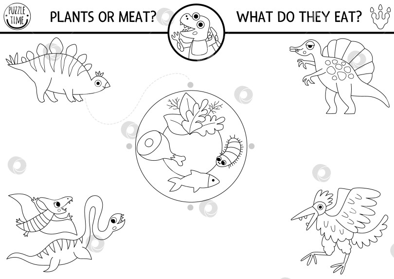 Скачать Черно-белые рисунки динозавров с изображением милых животных и еды, которую они едят. Доисторическая линейная головоломка или игра с птерозавром, стегозавром. Рабочий лист для печати, страница-раскраска фотосток Ozero