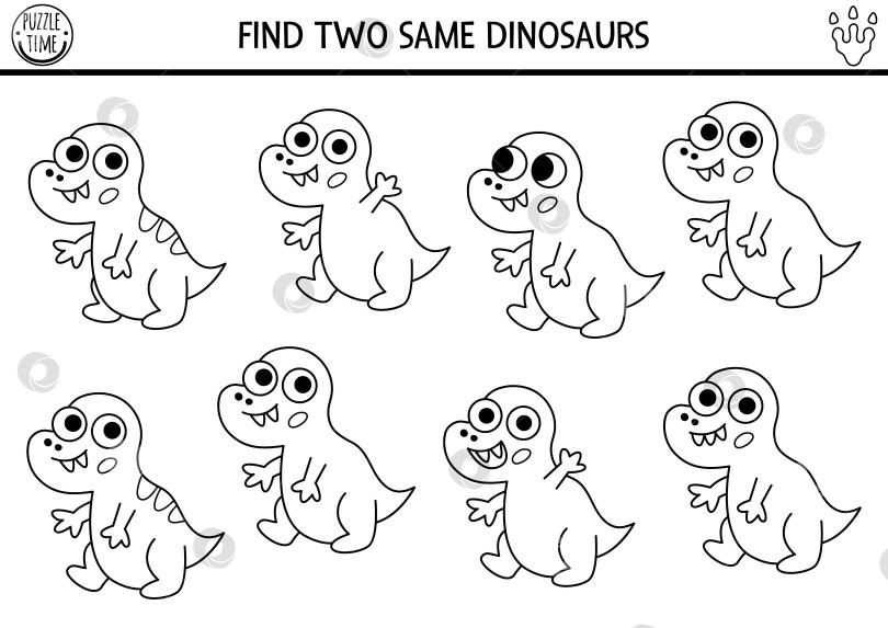 Скачать Найди двух одинаковых детенышей динозавров. Упражнение по подбору черно-белых изображений в доисторическом мире. Рабочая тетрадь-викторина по динозаврам для детей с древними животными. Игра для печати, раскраска с маленьким тираннозавром, брахиозавром фотосток Ozero