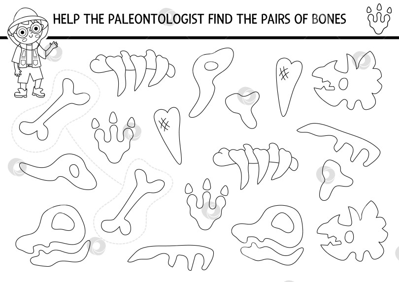 Скачать Найдите пару костей динозавра. Упражнение по подбору доисторического черно-белого изображения. Рабочая тетрадь-викторина по динозаврам для развития внимания у детей. Игра для печати, раскраска со скелетом древнего животного фотосток Ozero