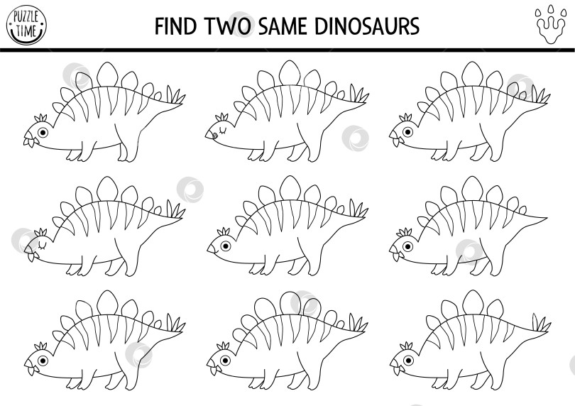 Скачать Найдите двух одинаковых динозавров. Упражнение по подбору черно-белого изображения в доисторическом мире. Развивающая линейная викторина по динозаврам, рабочая тетрадь для детей с древними животными. Игра для печати, раскраска со стегозавром фотосток Ozero